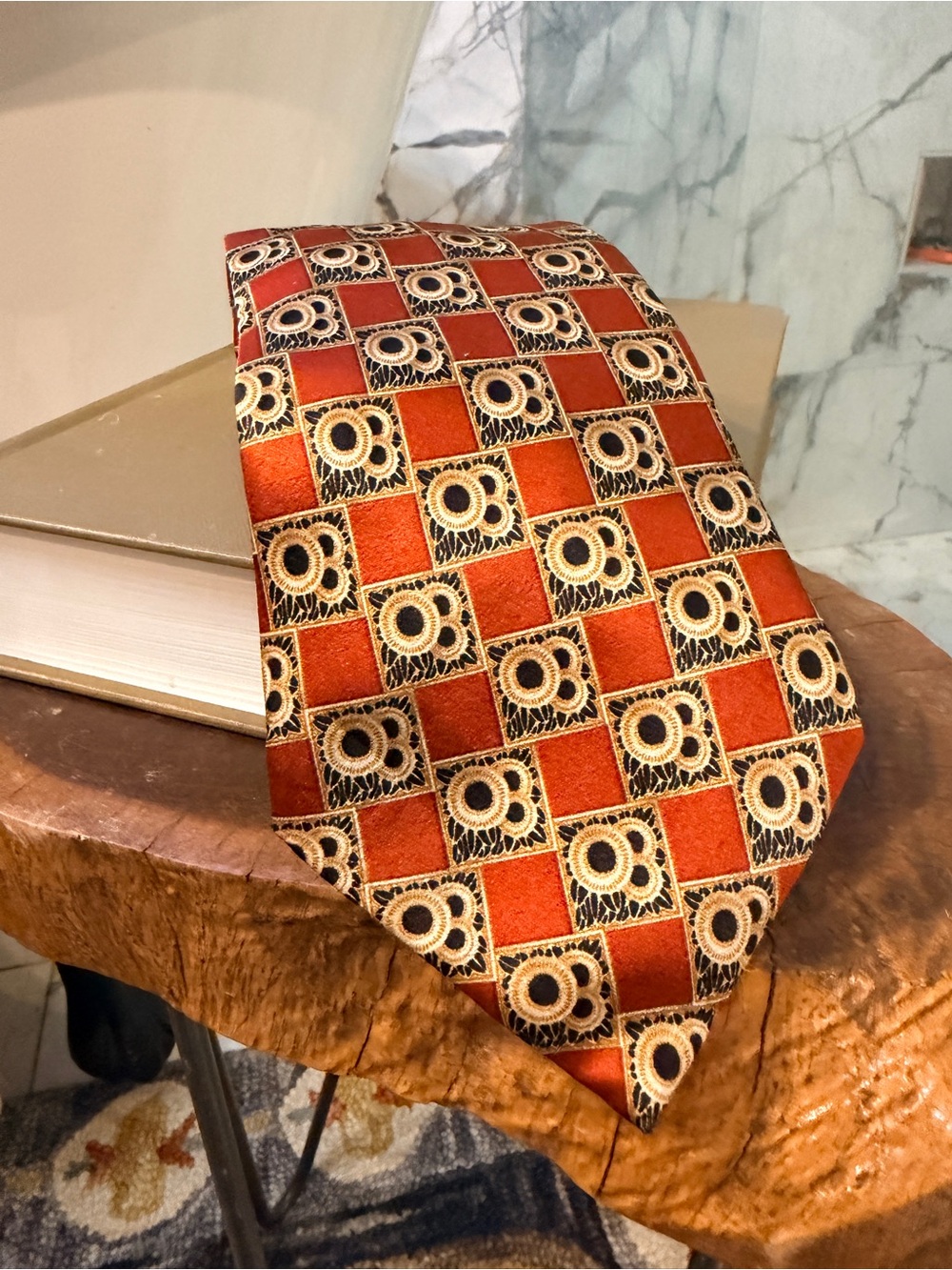 Lanvin Paris Vintage 1980s Silk Necktie Geometric Checkerboard Red Gold France